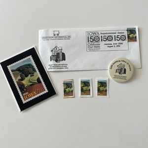 Grant Wood Collectable 1996 metal button and stamp photo